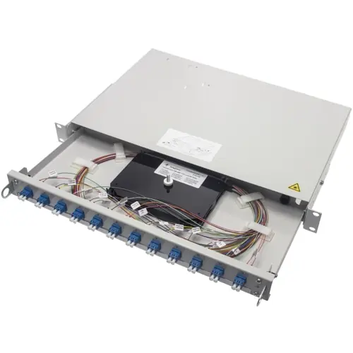 Aktuell LWL Rangierverteiler, 24 x 50/125 OM2, 12 x ST, waagerecht, 1-reihig, (B x H x T) 482 x 44 x 300 mm, grau, 100021949