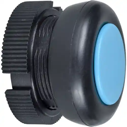 Abverkauf Drucktaster, unbeleuchtet, tastend, Bund rund, blau, Frontring schwarz, Einbau-Ø 22 mm, XACA9416