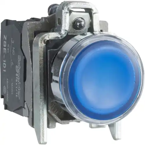 Abverkauf Drucktaster, beleuchtbar, tastend, 1 Schließer + 1 Öffner, Bund rund, blau, Frontring silber, Einbau-Ø 22 mm, XB4BW36G5