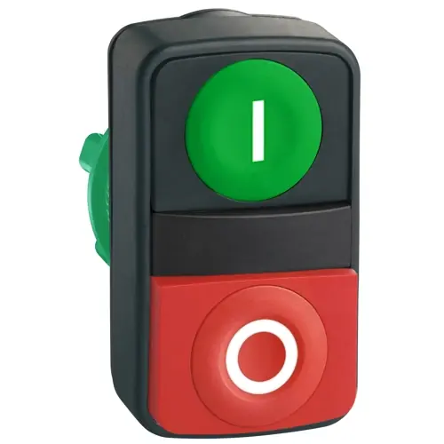 Abverkauf Doppeldrucktaster, unbeleuchtet, tastend, Bund rechteckig, grün/rot, Frontring schwarz, Einbau-Ø 22 mm, ZB5AL7341